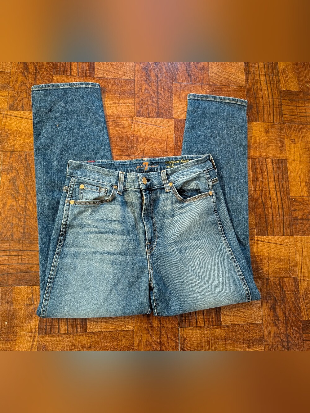 7 For All Mankind Cropped High Waist vintage Straight Faded Blue Jeans Size 29
